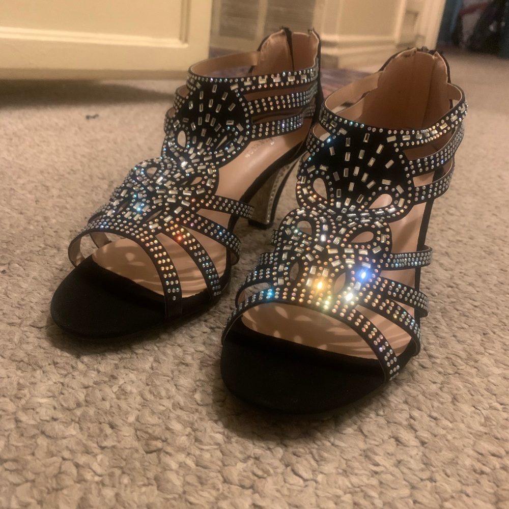 Black sparkly rhinestone open toe heels